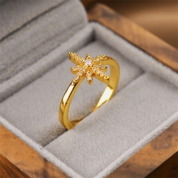 Golden Starburst Ring for Women – Dainty CZ Studded Design