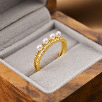 Elegant Pearl Crown Ring – CZ Accents & Gold Finish