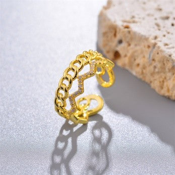 Geometric Chain Cut Ring – Gold-Finish with CZ Edging
