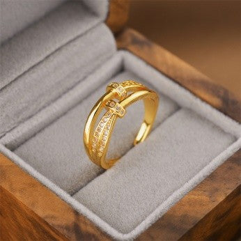 Twin Cross Band CZ Ring – Elegant Gold Polish