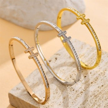 Minimalist Twin Bar CZ Bangle – Gold, Silver & Rose Gold