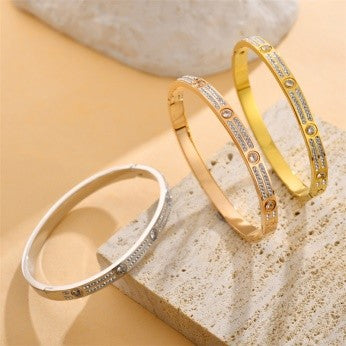 Screw-Style CZ Bangle – Luxury-Inspired Gold, Silver & Rose Gold