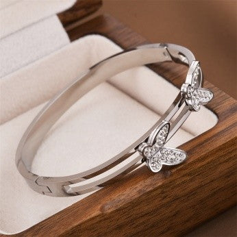 Dual Butterfly CZ Bangle – Gold, Rose Gold & Silver Plated