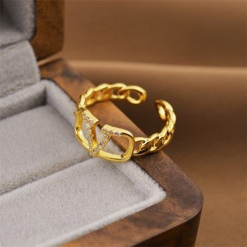 Designer Chain-Linked ‘V’ Ring – Gold Plated & CZ Accent