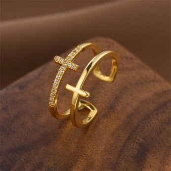 Dual Cross Band Ring – Cubic Zirconia Embedded