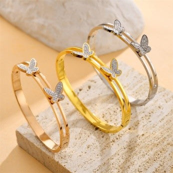 Dual Butterfly CZ Bangle – Gold, Rose Gold & Silver Plated