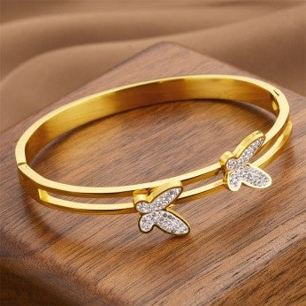 Dual Butterfly CZ Bangle – Gold, Rose Gold & Silver Plated